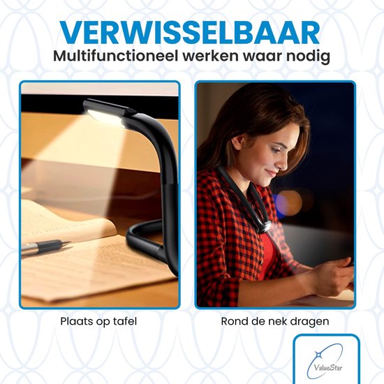 ValueStar - Neklamp met zaklampfunctie - Nekleeslamp - Neklampje voor haakwerk - Nek lamp - Flexibele Neklamp - Bureaulamp - Leeslampje voor in Bed - USB Oplaadbaar van ValueStar — afbeelding 4