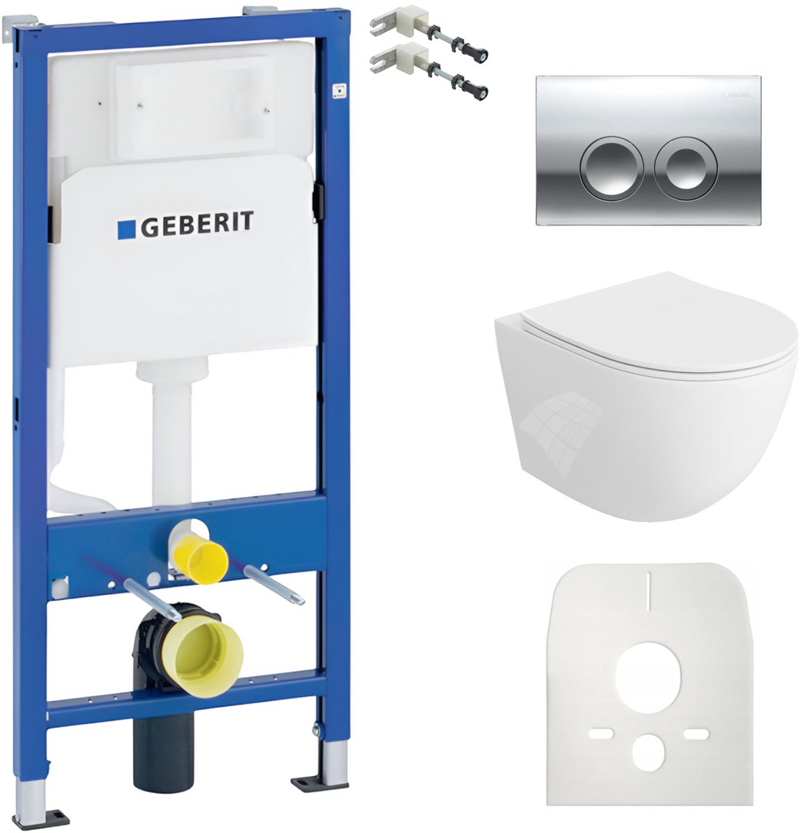 Inbouwreservoir Complete Toiletset Geberit Duofix Basic - Inbouw WC Hangtoilet Wandcloset SINTO Wit Hoogglans - Bedieningsplaat DELTA Chroom Rund - Voorwandelement - Installatiesysteem