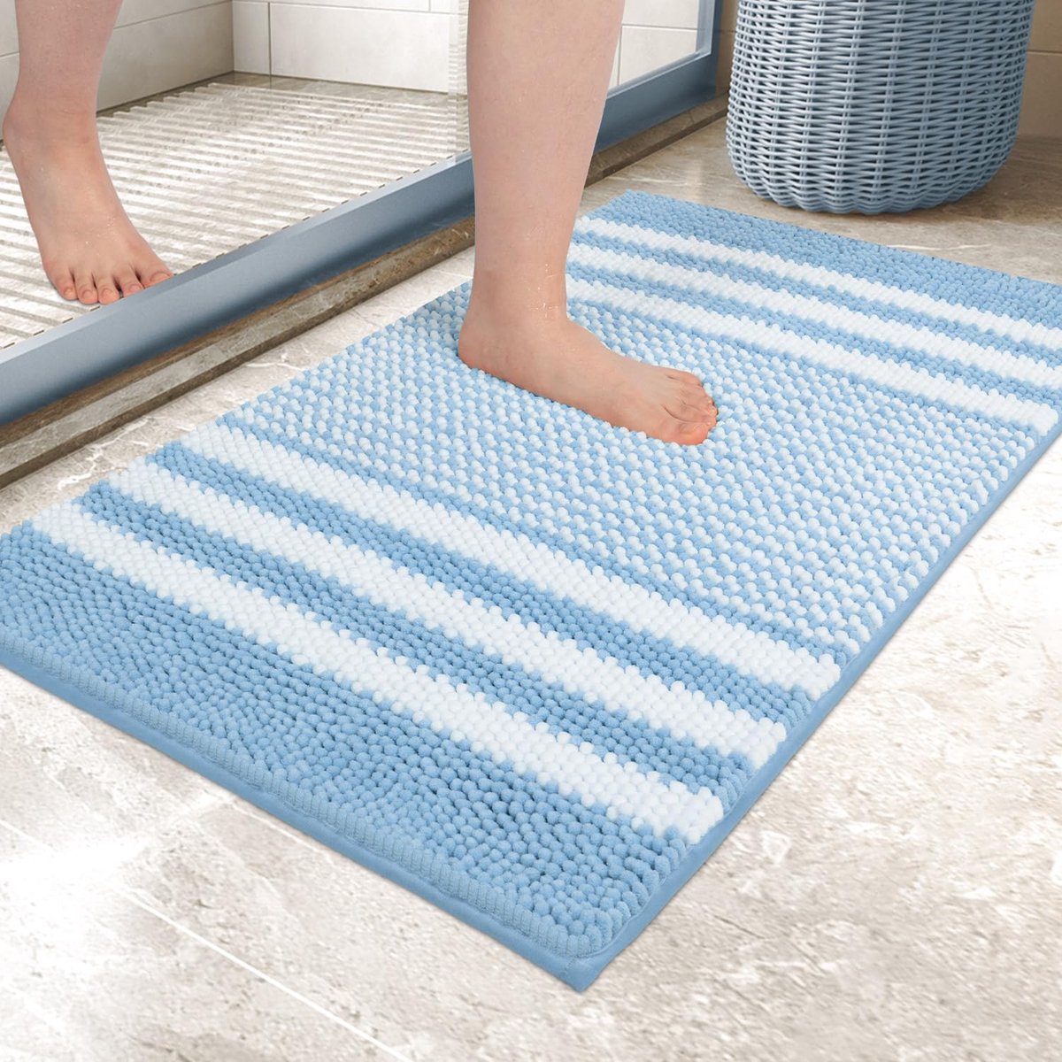 My Ninki ® Binnenhuis Luxe Antislip Chenille Badmat 60 x 90 cm voor Badkamer, Douche en Toilet, Lichtblauw