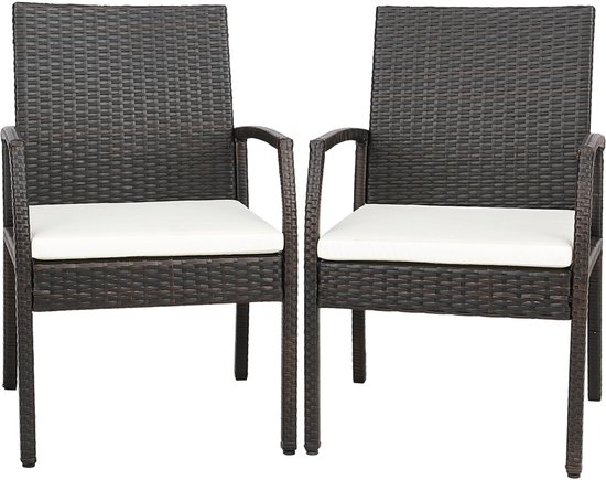 COSTWAY Set van 2 rotan stoelen, tuinstoel, polyrotan met rugleuning en armleuning, tuinstoel met zitkussen, balkonstoel, tuinstoelen voor buiten, terras, balkon, tuin