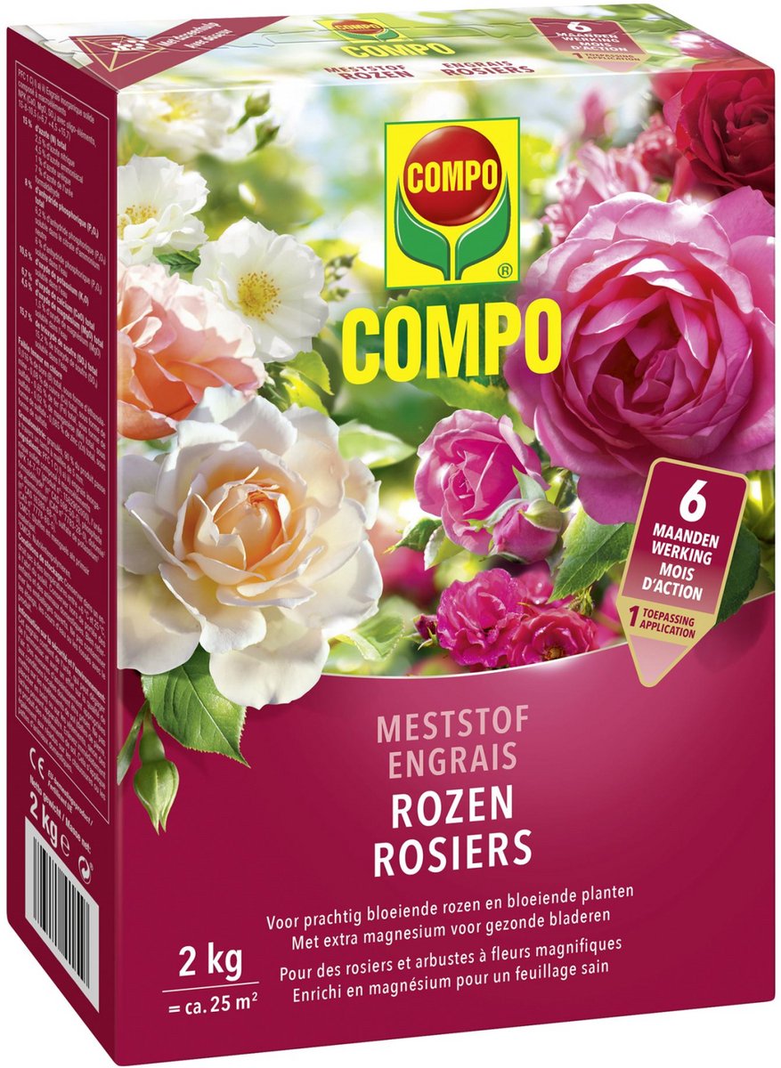 COMPO Meststof Rozen - directe en lange werking 6 maanden - voor een stevige groei en prachtige bloei - doos 2 kg