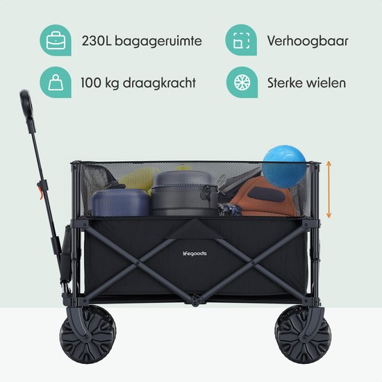 LifeGoods Bolderkar - Opvouwbaar - 100KG - 230L - Bolderwagen - Verhoogbaar - Beschermhoes - Zwart van LifeGoods — afbeelding 3