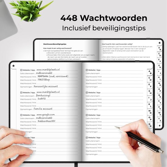 Open boek met lijsten voor wachtwoorden, met de titels "448 Woorden" en "Wachtwoordbeveiligingstips".