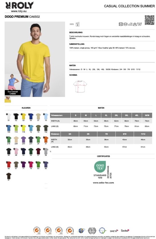 Mannequin portant un t-shirt jaune à manches courtes, affichant le tableau des tailles avec des mesures spécifiques.