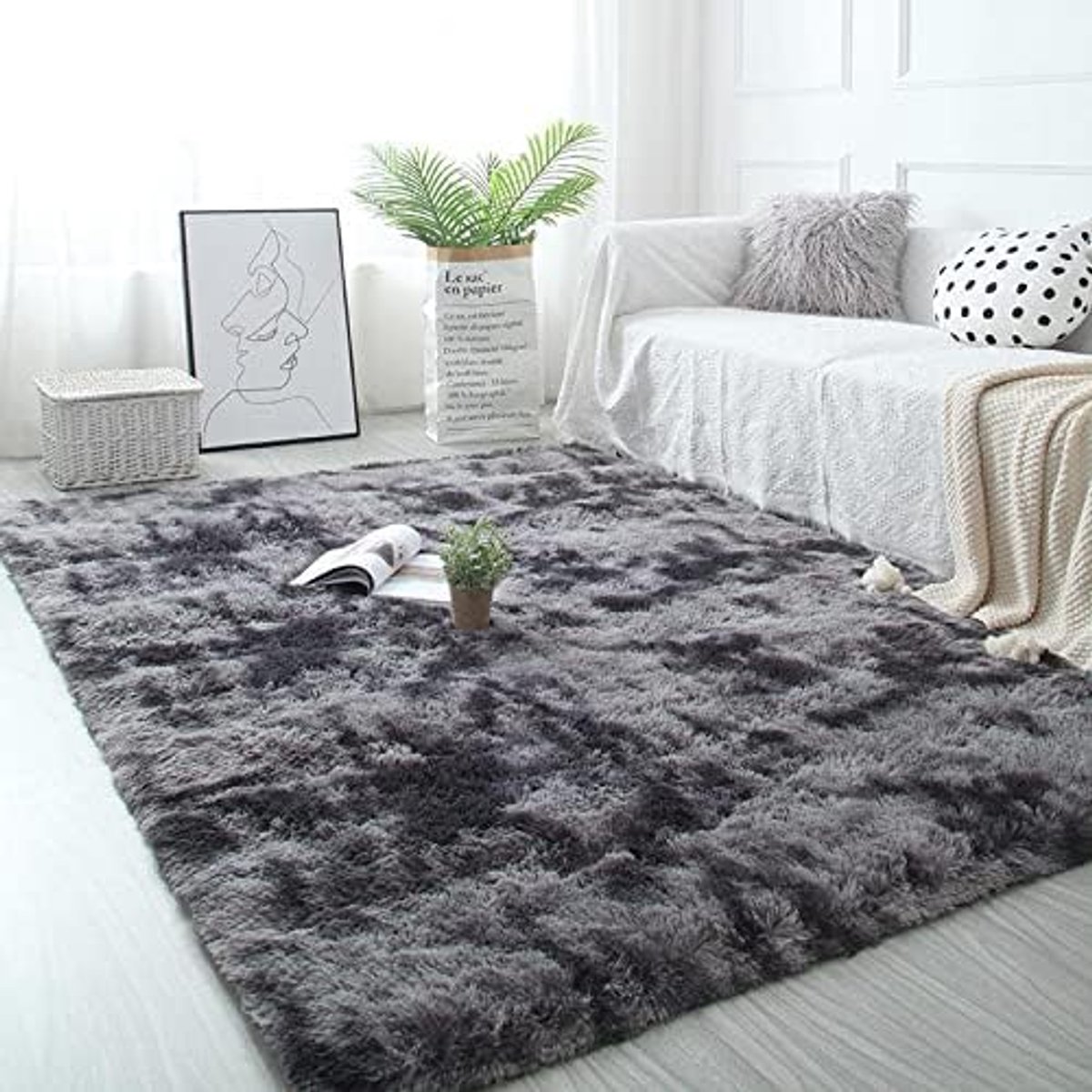 Famanu - Pluche, pluizige tapijten, zacht pluizig tapijt, antislip vloerkleden, dik vloertapijt, mat voor woonkamer, slaapkamer (donkergrijs, 80 x 160 cm)