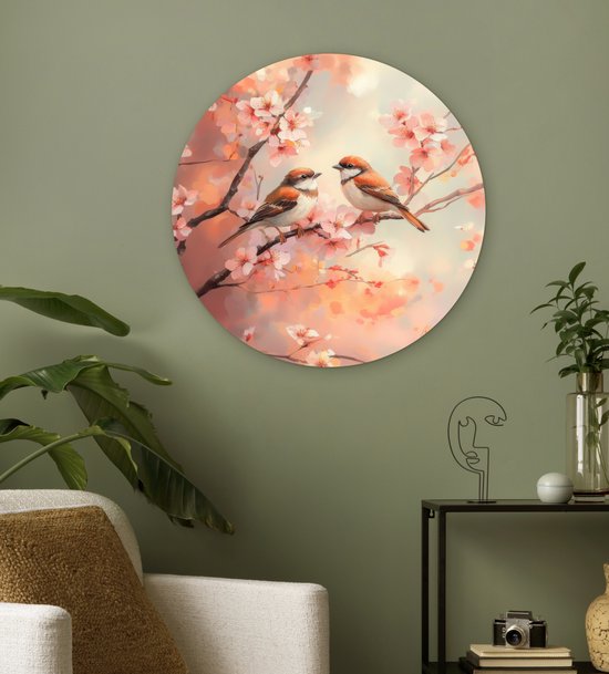 WallCircle® Cercle mural 60x60 cm - Cercle mural Vogels - Romantique - Branche fleurie - Décoration murale salon - Décoration murale chambre - Accessoires de décoration de chambre - Tableaux ronds