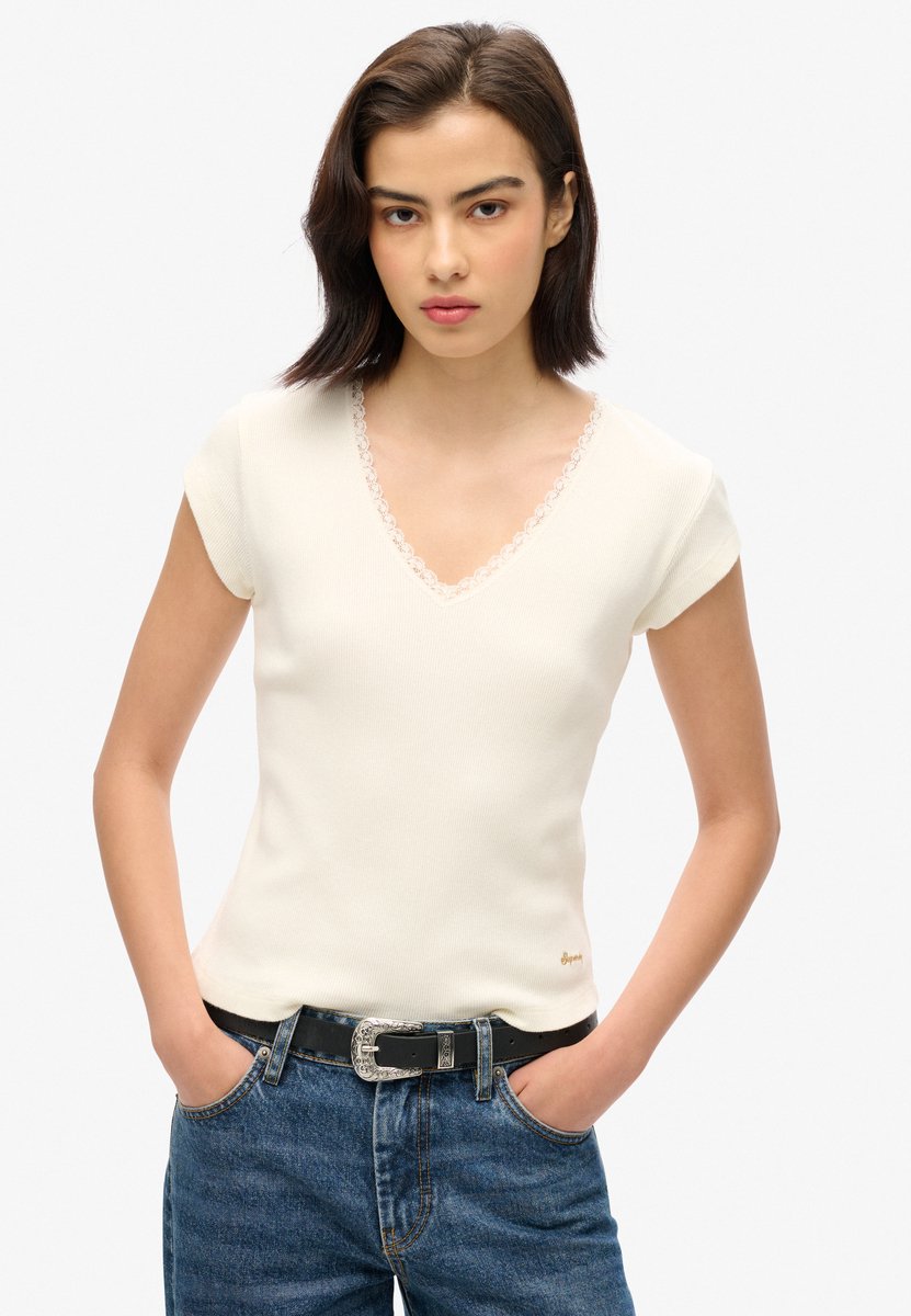Superdry Essential Lace Trim T-shirt Met Korte Mouwen En V-hals S-M Vrouw Creme