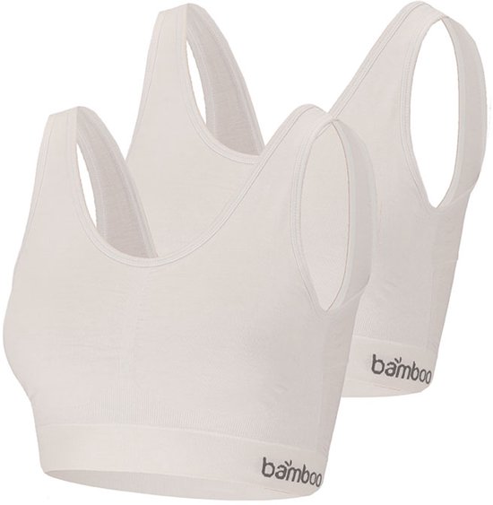 Twee witte bamboe sportbeha's, één met "bamboo" logo op de band, met brede bandjes en ronde halslijn.