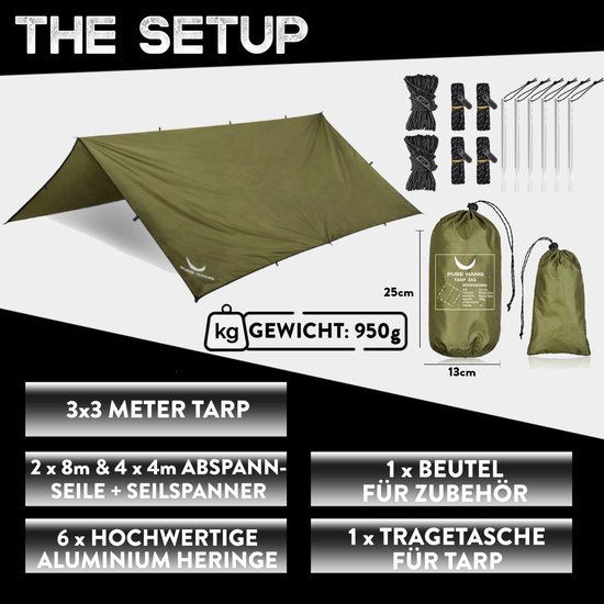 Tentzeil, tarp, 3 x 3, voor hangmat, outdoor, camping, 100% waterdicht, met oogjes, zonnezeil, strand, ultralicht, zonwering, uv-bescherming, regenbescherming — afbeelding 3