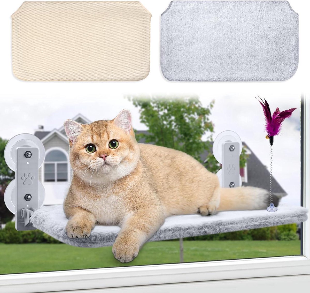 Hangmat voor Katten - Raam Bed - Sterke Zuignap - 1 stuk - Fluweel Grijs + Mesh Beige - 52 x 30 cm