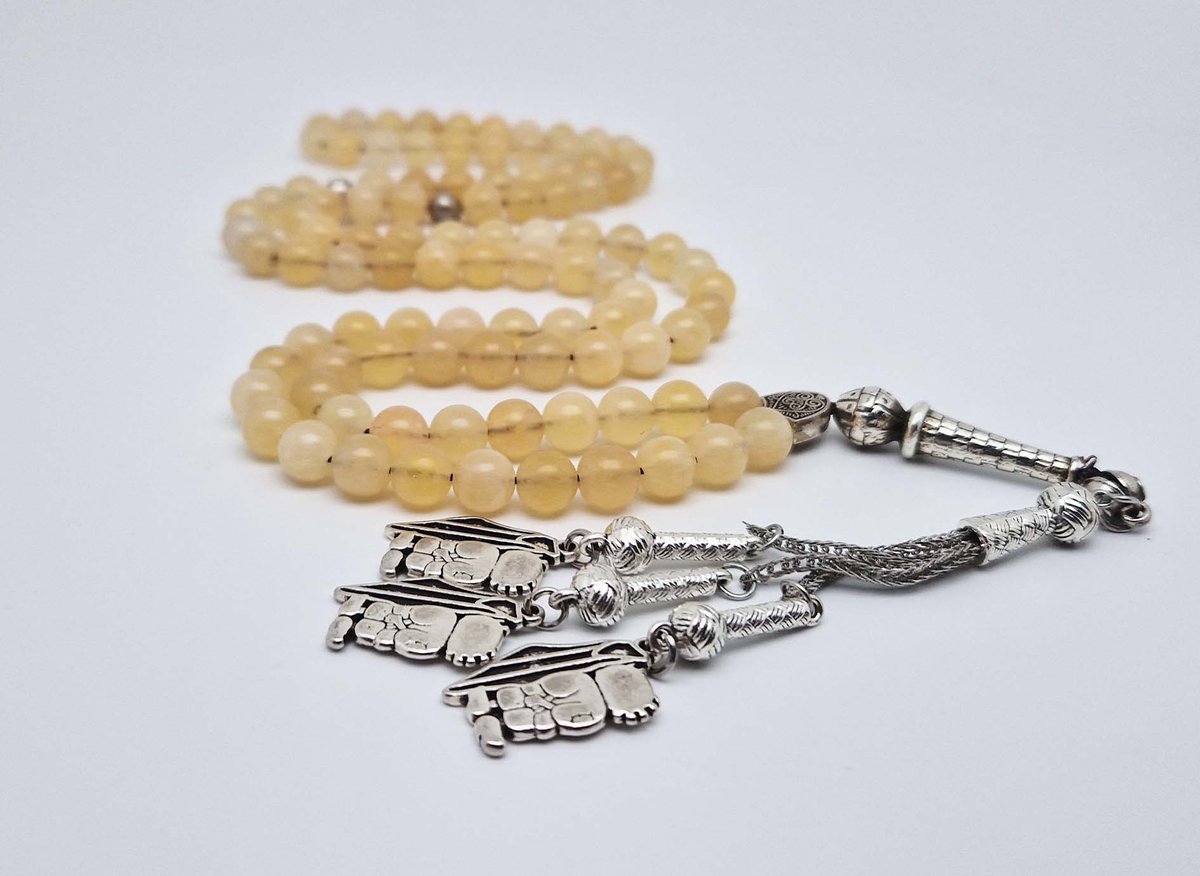 Handgemaakte tesbih "Tasbih" natuursteen " Calciet geel " - Aantal kralen 99 - Diameter kralen 8MM - met metaal tassel "Hanzala" - Een mooi cadeau-idee