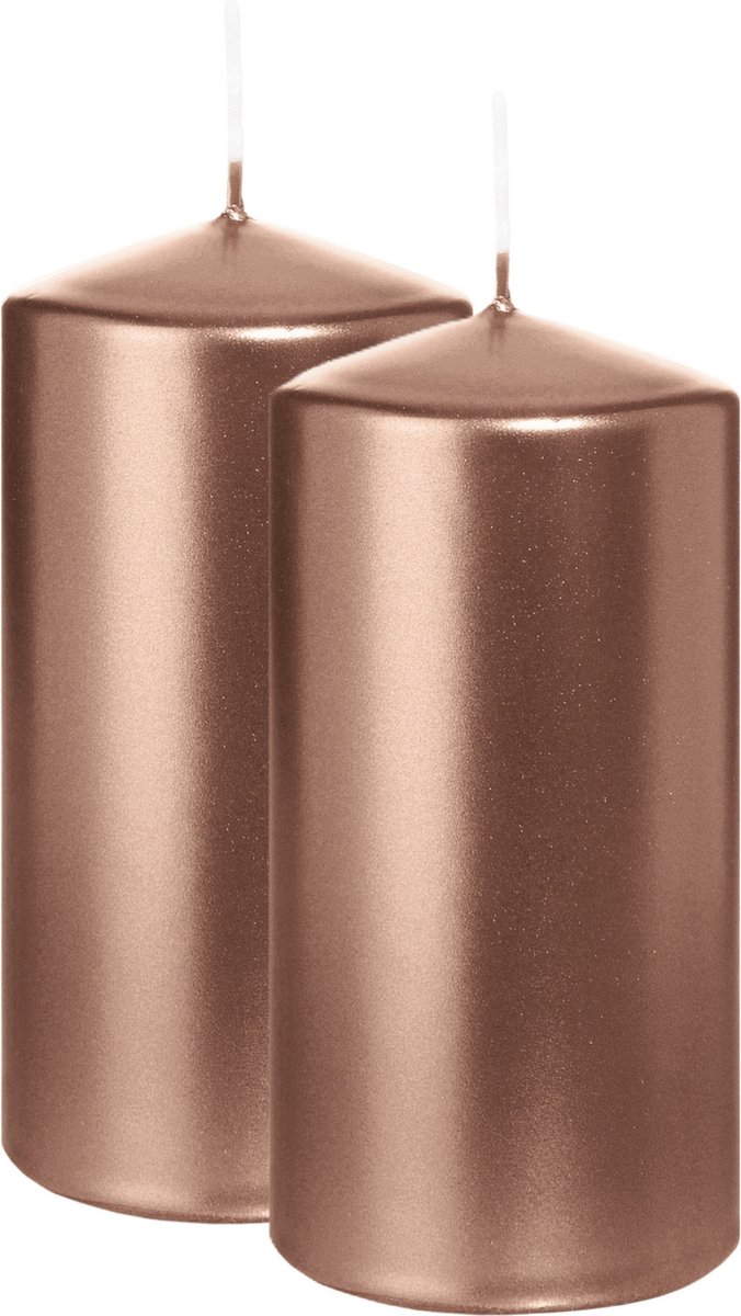 Wiedemann Cilinderkaars/stompkaars - 2x - metallic roségoud - 12 x 6 cm - 33 branduren - zuilkaarsen Rose goud