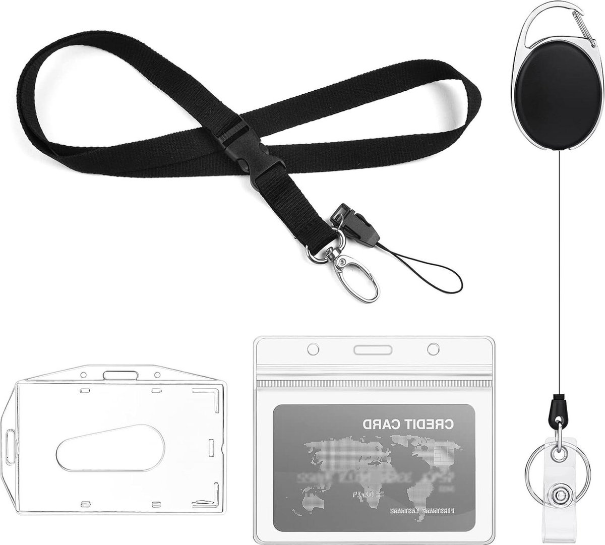 Intrekbare lanyard en badgehouder - 1 haspelclip - afneembaar lanyard - PVC Clear ID-badgehouder - harde plastic ID-creditcard - verticaal - horizontaal .