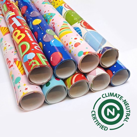Inpakpapier 9 rollen XL Pack Thema Party - Duurzaam - FSC & Plasticvrij - Klimaat neutraal gecertifisceerd - Cadeaupapier - 200x70cm - Verjaardag