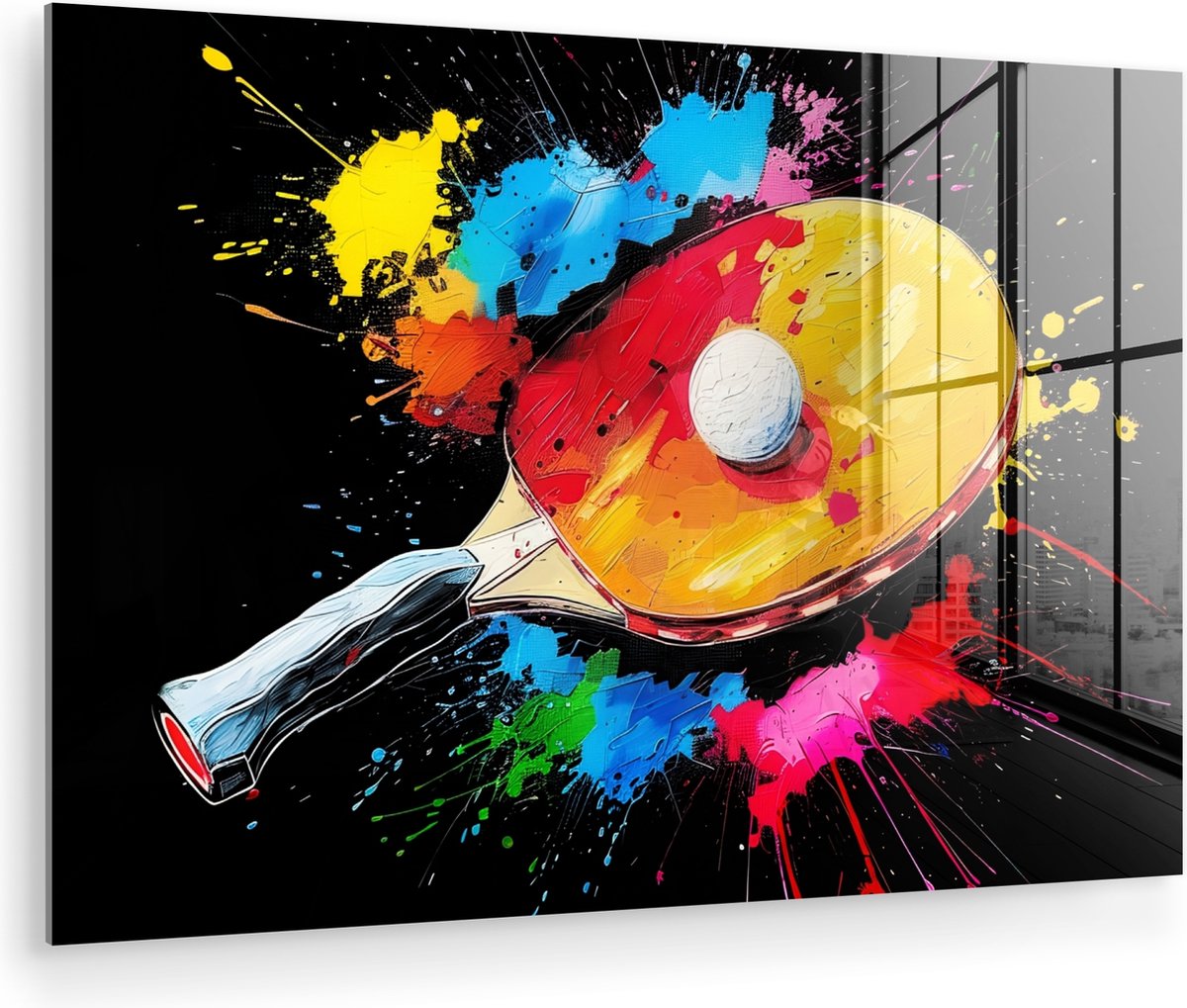 MuchoWow® Glasschilderij 120x80 cm - Schilderij acrylglas - Graffiti - Sport - Tafeltennis - Verf - Foto op glas - Muurdecoratie woonkamer - Wanddecoratie slaapkamer - Schilderijen