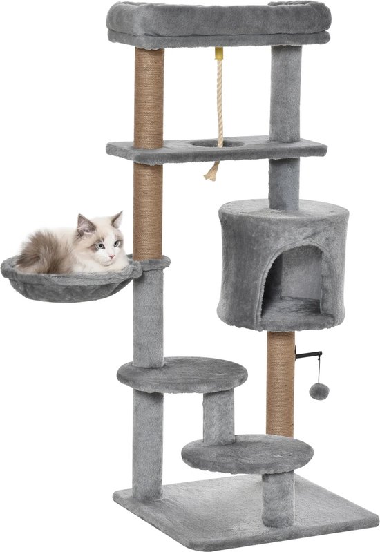 PawHut Krabpaal krabpaal multifunctionele hangmat nis mand afneembare kussens hoogte 126 cm korte pluche sisal natuur beige