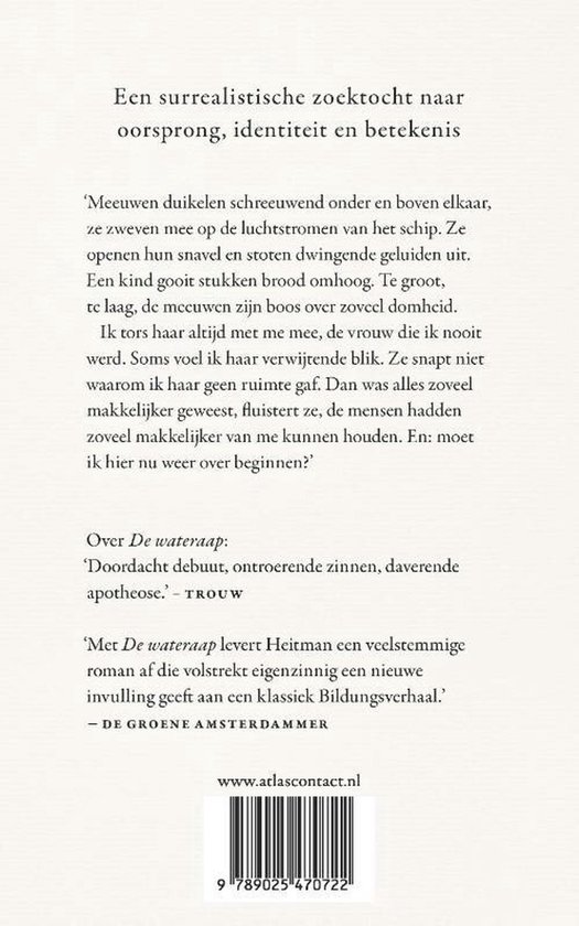 Boekomslag met tekst. Titel: Een surrealistische zoektocht naar oorsprong, identiteit en betekenis. Omslag is wit met zwarte tekst.