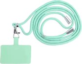 Turquoise telefoonkoord met een clip en een plat, rechthoekig uiteinde.
