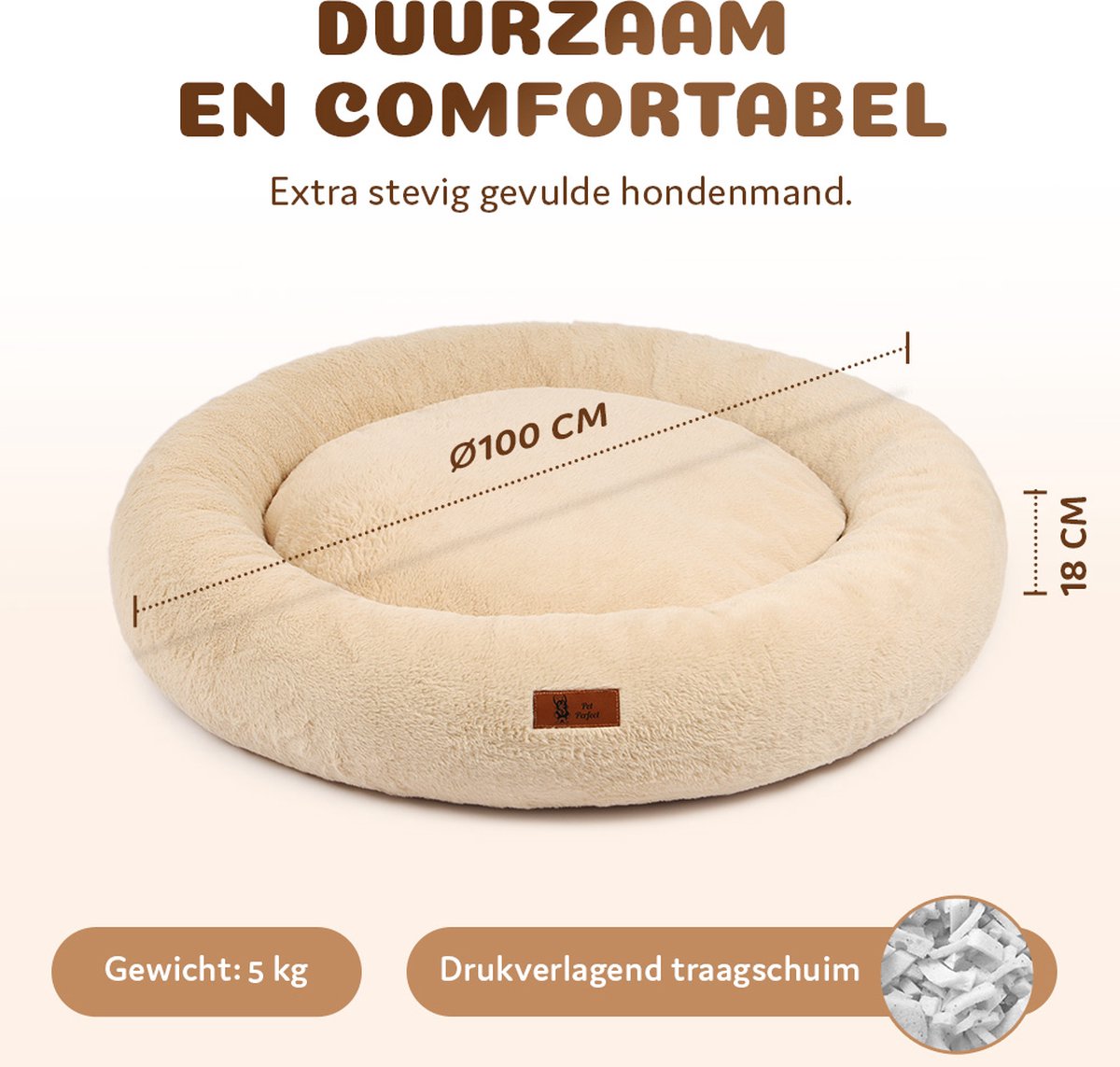 Pet Perfect Orthopedische Hondenmand – Donut Hondenmand – Hondenkussen – Hondenbed – Wasbaar - 100 cm - Beige thumbnail 4