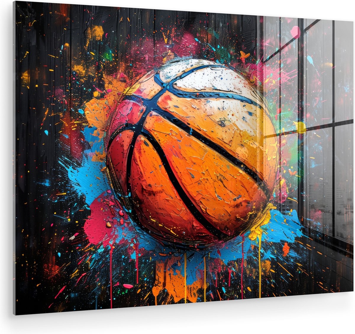 MuchoWow® Glasschilderij 80x60 cm - Schilderij acrylglas - Graffiti - Basketbal - Verf - S