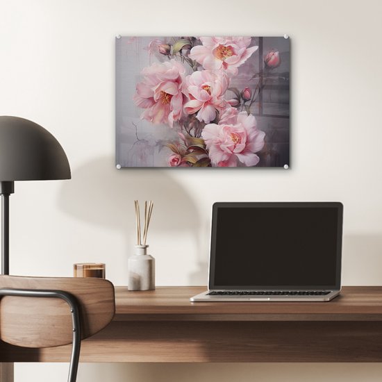MuchoWow® Glasschilderij 40x30 cm - Schilderij acrylglas - Rozen - Bloemen - Roze - Kunst - Watercolor - Foto op glas - Muurdecoratie woonkamer - Wanddecoratie slaapkamer - Schilderijen