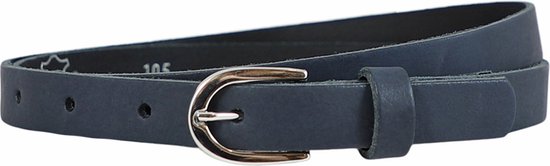 Gevouwen donkerblauwe leren damesriem met zilverkleurige gesp.