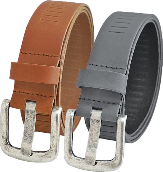 Landley Leather Perforated Ceintures Value Set - Duo pack avec 2 ceintures - Largeur 4 cm - Femme et Homme - Cuir Véritable - Cognac et Grijs - Longueur totale 135 cm / Taille de ceinture 115