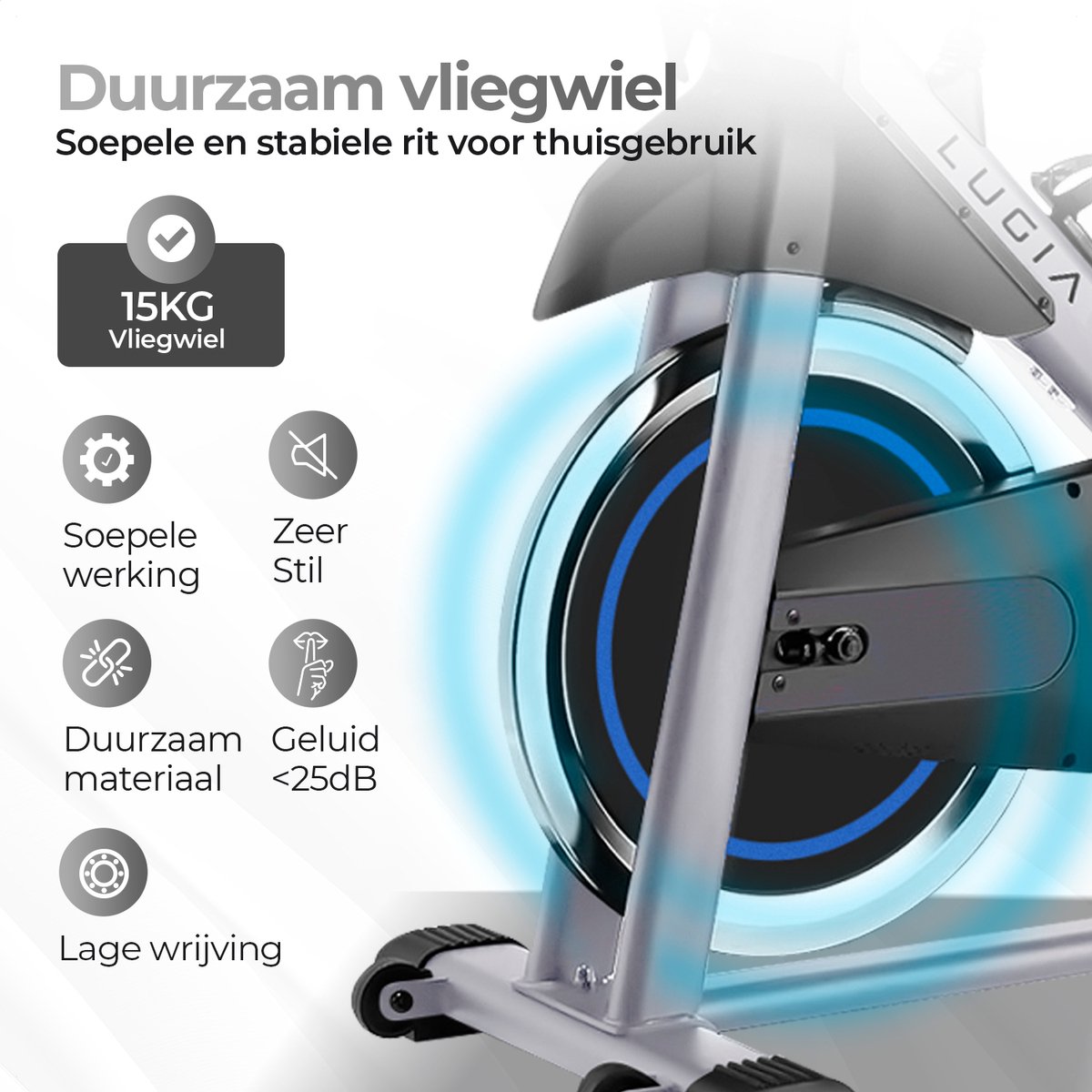 Afbeelding 2 van Lugia Hometrainer PRO Fiets - 15 KG Vliegwiel - Led Display met Hartslagmeter - Fitness Fiets - Verstelbaar Zadel - 0-100% weerstand niveaus - Max 150kg