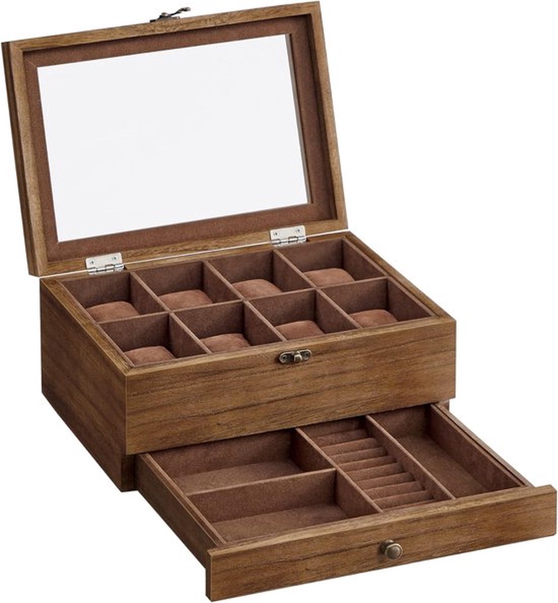 Horlogedoos met 8 vakken, horlogekast van massief hout, met glazen deksel, horlogekussen, sieradenopslag, cadeau voor je geliefde, walnootkleurig