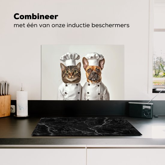 Spatscherm keuken 70x50 cm - Kookplaat achterwand Kat - Hond - Kokskleding - Muurbeschermer - Spatwand fornuis - Hoogwaardig aluminium