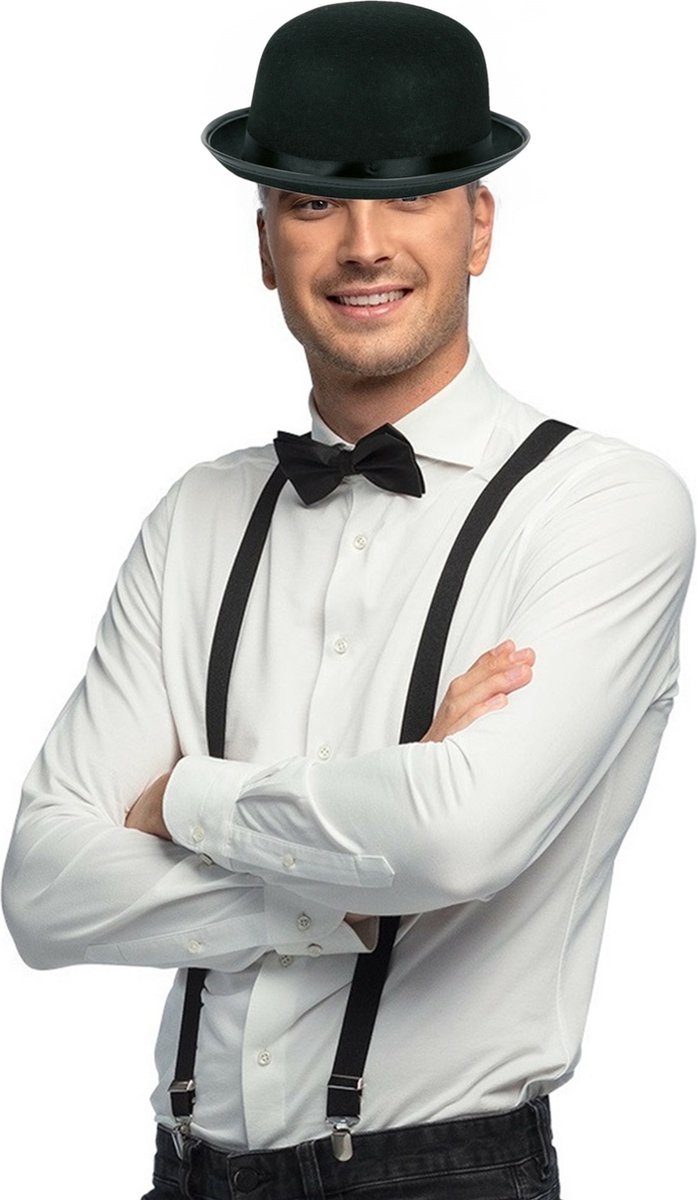 Faram party Verkleedkleding setje 3 delig - zwart - Engelse bolhoed - Bretels - Vlinderstrikje - voor heren
