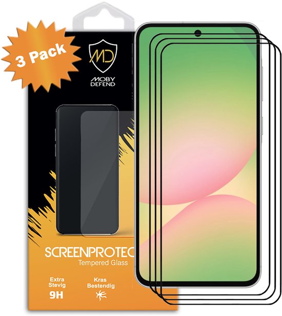 3-pack MobyDefend screenprotectors met zwarte randen, voor Samsung Galaxy A36/A56. Gehard glas.