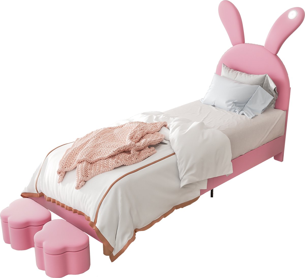 Merax Eenpersoonsbed 90x200 cm met Verstelbare Konijnenoren – Gestoffeerd kinderbed met LE