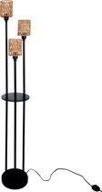 LUH Industriële Vloerlamp Zwart - 3-Lichts E27 - Staande Lamp met Rotan Lampenkappen en Opbergplankje - 168 cm Hoog - Bohemian Stijl voor Woonkamer