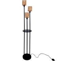 LUH Industriële Vloerlamp Zwart - 3-Lichts E27 - Staande Lamp met Rotan Lampenkappen en Opbergplankje - 168 cm Hoog - Bohemian Stijl voor Woonkamer