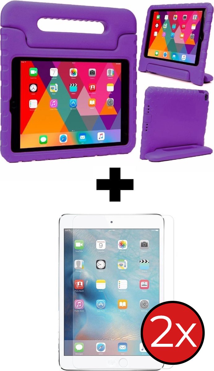 Hoesje - Geschikt voor Apple iPad Air 2 (2014) - 9.7 inch - 2e Generatie - Met 2x Screenprotector - Kinderhoes - Shockproof Bumper - Kidsproof Case - Tablethoes - Kinder Hoes Cover - Paars