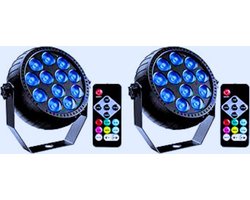 2 Stuks Oplaadbare RGB LED Schijnwerpers Met Afstandsbediening - 12 LED-Spots Voor Feestverlichting - Podiumverlichting - DJ - Bruiloft - Disco & Meer | Energieklasse E