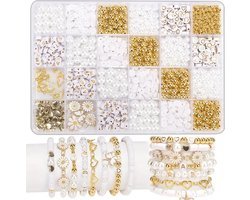 1000-delige Kralenset voor het maken van sieraden - Alfabetkralen, Gouden tussenkralen, Imitatieparels, Hartjes & Madliefbedels + 6m elastisch koord