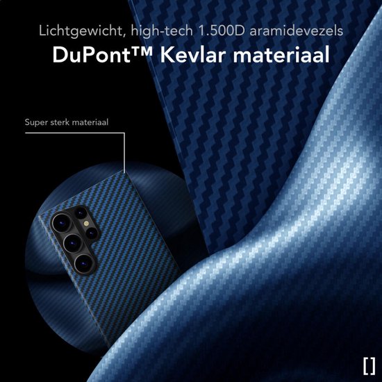 Close-up van blauw aramidevezel materiaal van een telefoonhoes. Tekst: "Lichtgewicht, high-tech 1500D aramidevezels DuPont™ Kevlar materiaal" en "Super sterk materiaal".
