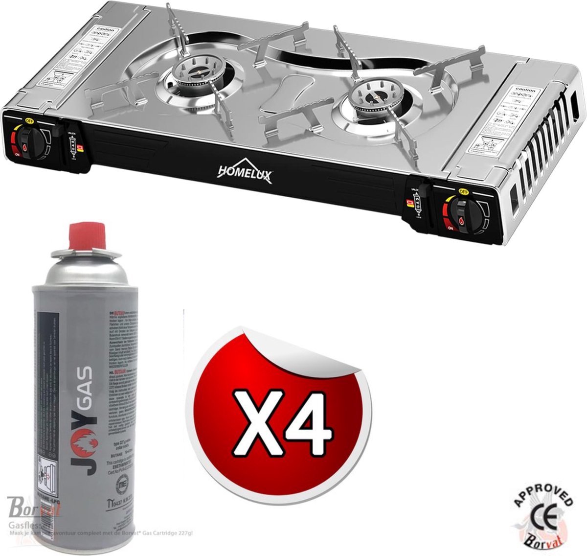 IBBO® - Camping Kookstel 2 Pits - Kooktoestel - Kampeer kookstel - Gasstel - Gaspit - Kookplaat - Elektronische ontsteking - 2 Pits - Buiten Koken - Twee pits gasfornuis - RVS - Zilver - Inclusief 4 Gasflessen Gratis