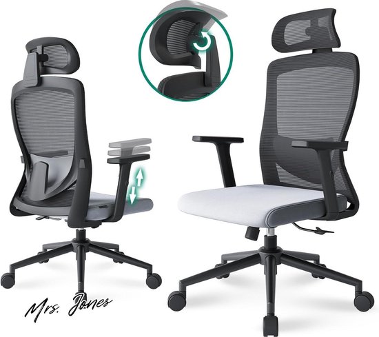 Sweetcrispy Bureaustoel voor bureaucomputer, ergonomische rollende werkstoelen met hoge rugleuning en wielen en verstelbare hoofdsteunen, comfortabele lendensteun, comfortabele opklapbare armen voor