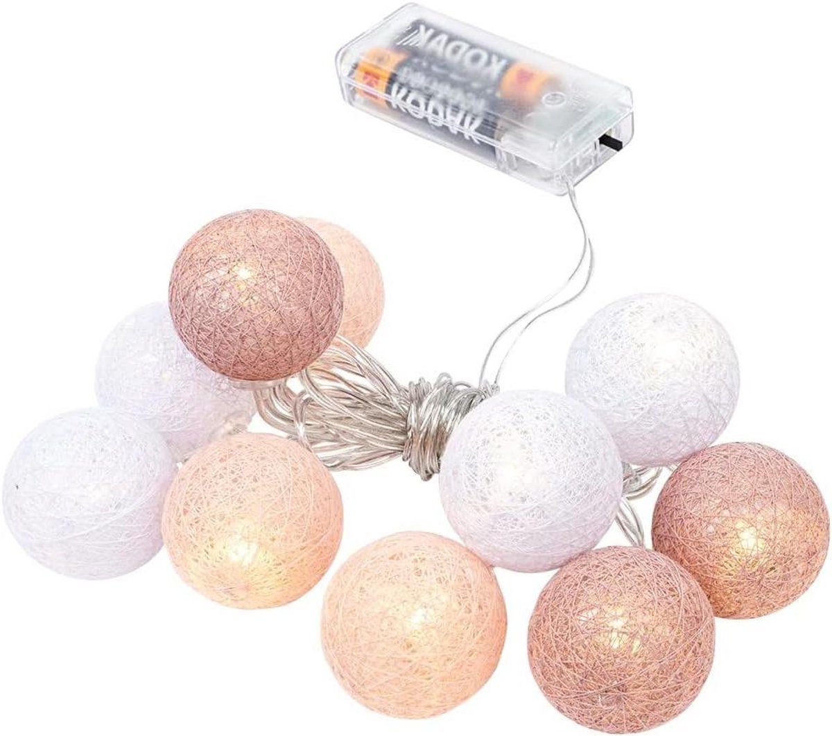 Kogellichtketting met 10 leds - Werkt op batterijen - 10 katoenen ballen in 3 kleuren - Incl. timer (wit, oudroze, abrikoos)