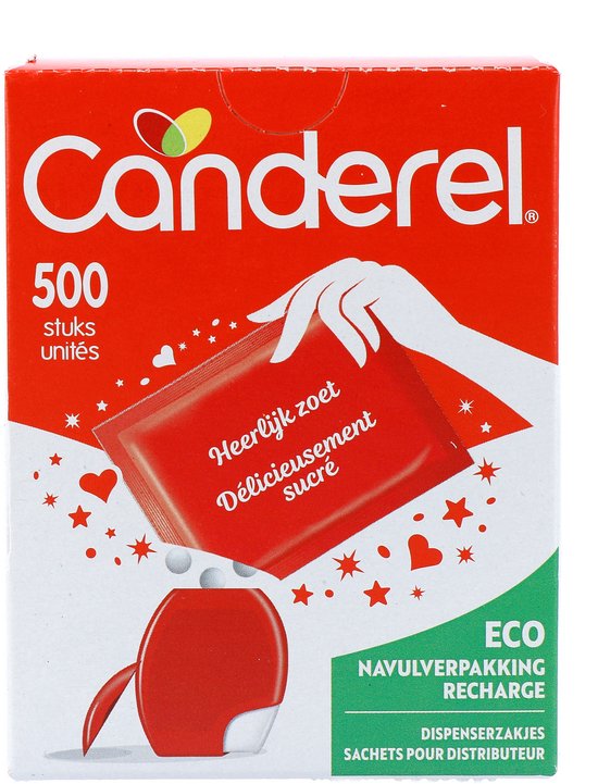 Rode Canderel doos met 500 stuks, met een hand die een zakje vasthoudt boven een rood navulapparaatje.