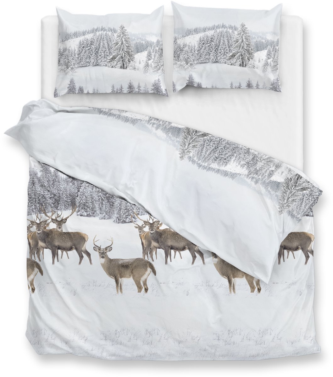 Zohome Dekbedovertrek Cervo - Bedlinnen met Dieren print - 240x220 - Wit - Dekbedhoes van 100% Katoen-Flanel