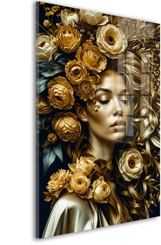 Glasschilderij Gouden bloemenpracht dromen - 60 x 40 cm - Vrouw - Bloemen en Planten - Acrylaat - Inclusief wandbevestiging - Foto op plexiglas - Wanddecoratie woonkamer – Modern – Modern