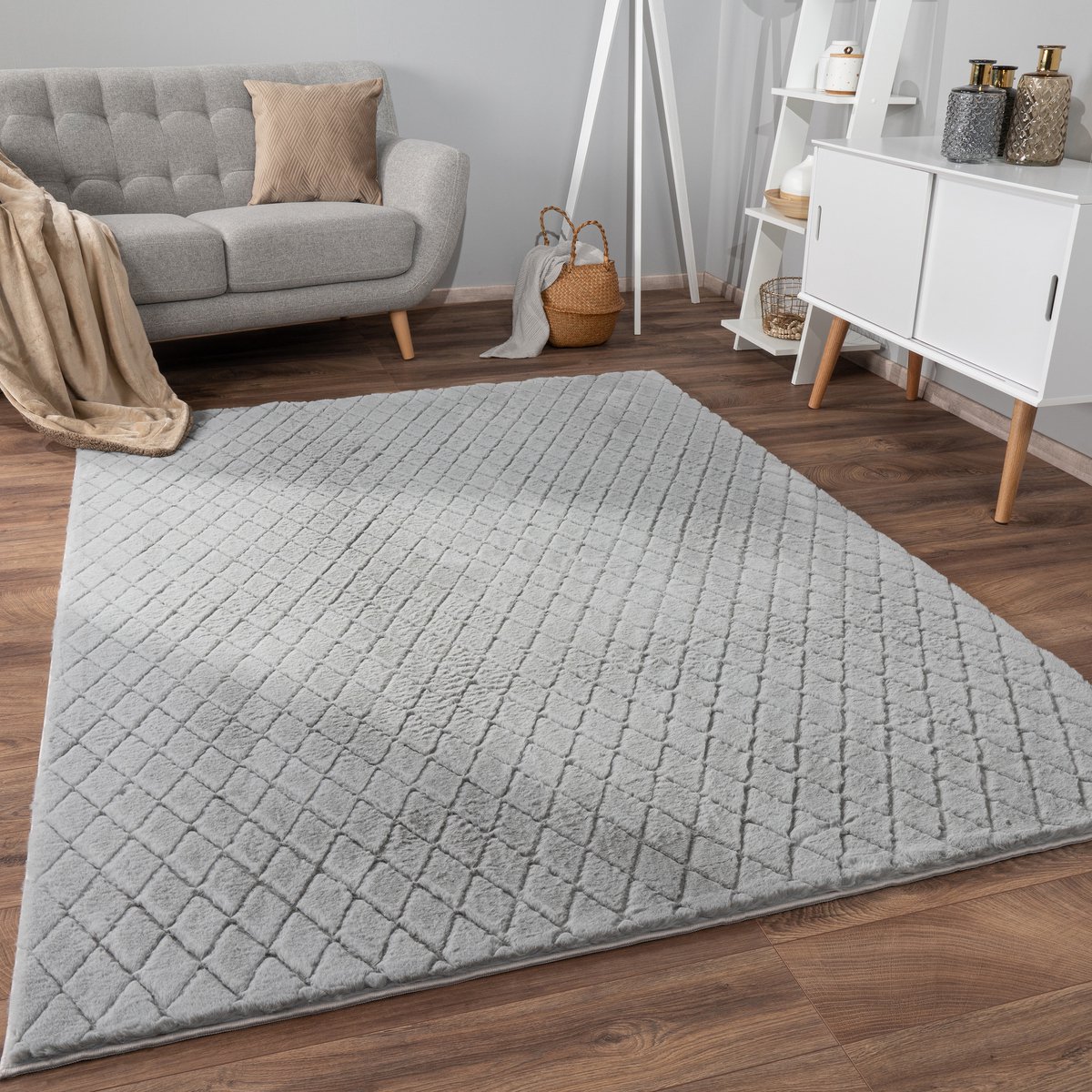 flycarpets Zacht fluffy vloerkleed - Arinzo Geruit Grijs - 160x220 cm - Hoogpolig Tapijt Woonkamer / Slaapkamer / Kinderkamer