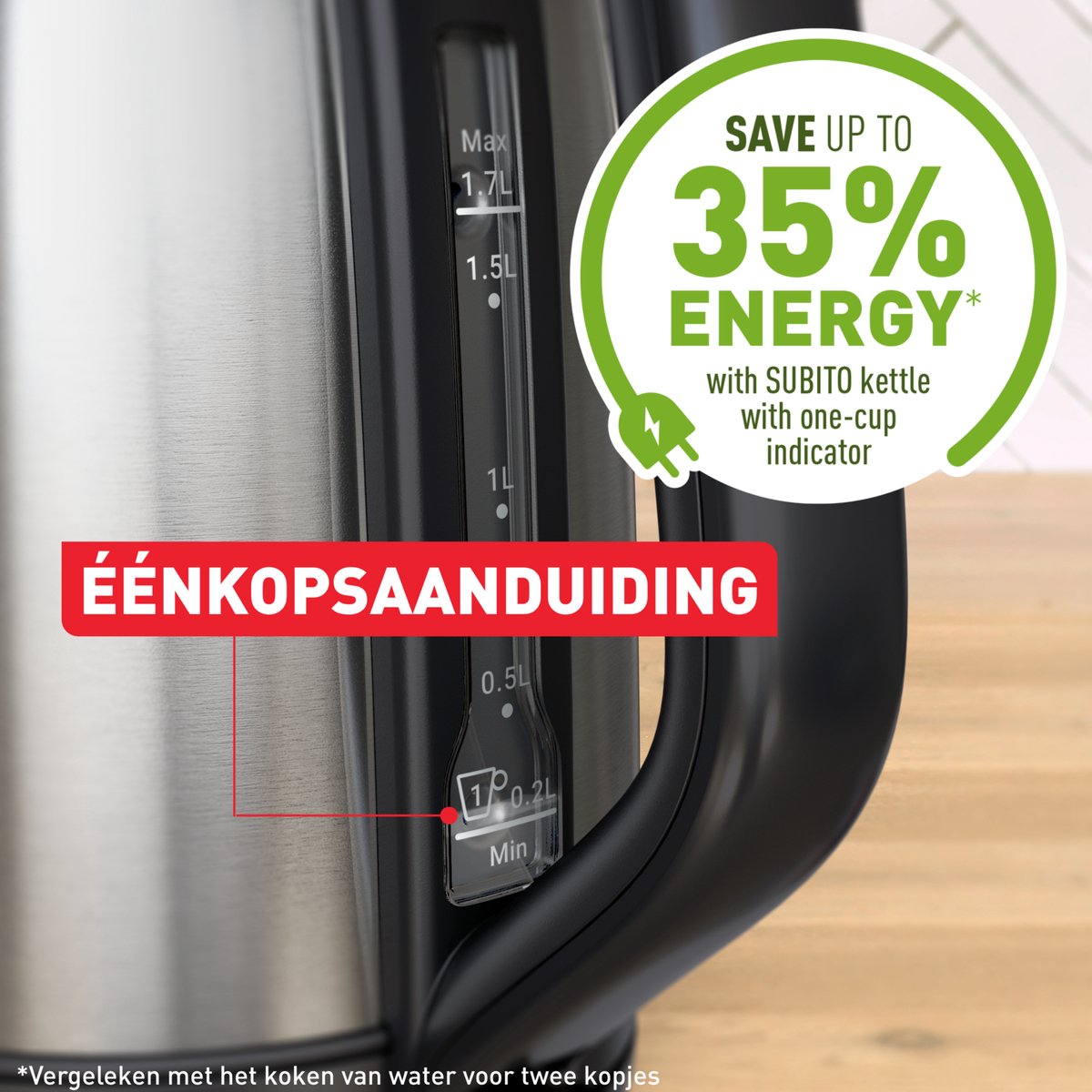 Tefal Subito KO5S0D - Waterkoker - 1,7L - Modern Design - 1-kopsindicator - Uitneembaar Antikalkfilter - 2400W - RVS — afbeelding 3