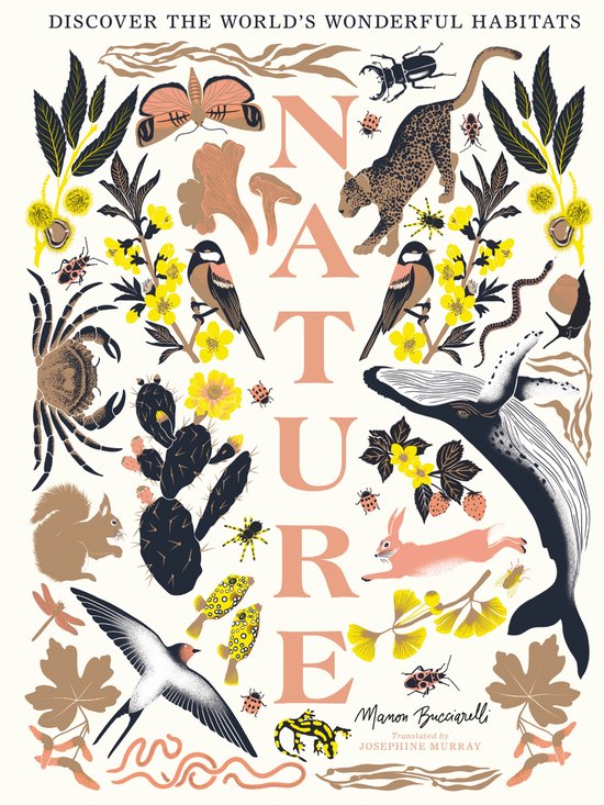 Illustratie met de titel 'NATURE' met dieren zoals een walvis, luipaard, konijn, vogels, vlinder, kever, krab, eekhoorn en insecten.