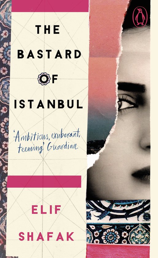 Boekomslag met collage van een gezicht, tekst, en patronen. Titel: 'The Bastard of Istanbul'.