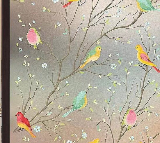 Foto: Raamfolie plakfolie zonder lijm voor ramen en badkamer 30cm 1m pvc statisch eenvoudige montage kleurrijk takken en vogels